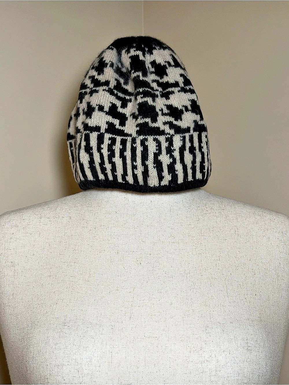 Echo Women’s Wool Angora Beanie Black Ivory Geometric Knit Winter Hat